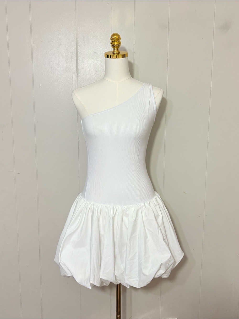 COMMENSE One Shoulder Ribbed Bodice Bubble Mini Dress White Size S NWT
